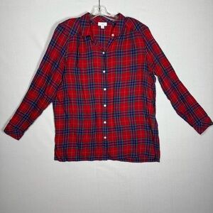 J. JILL Women Medium Red Plaid Button Up Long Sleeve Top Christmas fall